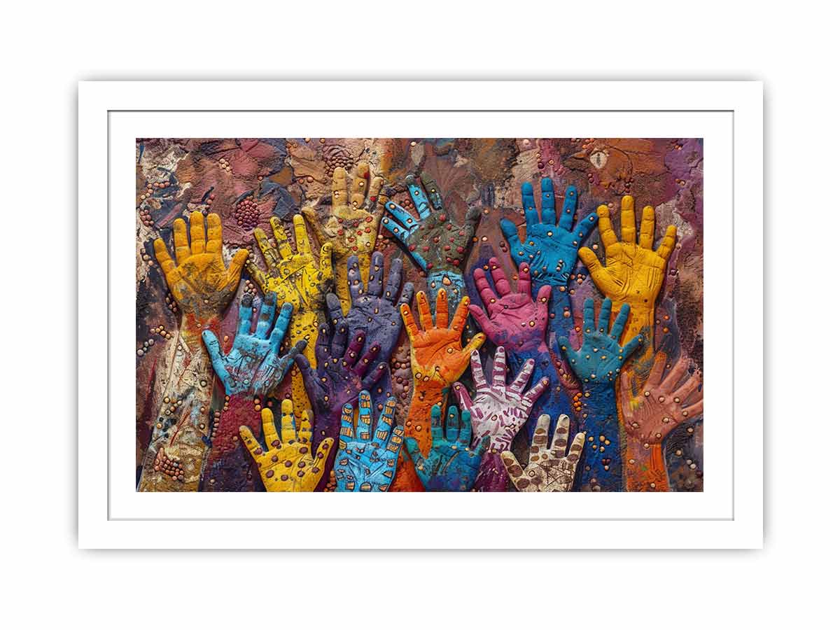 Colorful raised hands canvas art with cultural texture for modern office or living room decor.