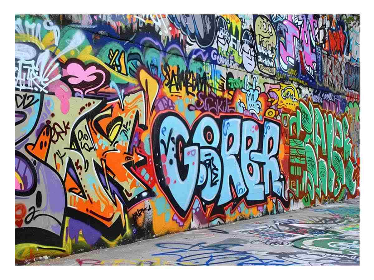Colorful graffiti wall canvas art with urban street mural style for loft or office decor.