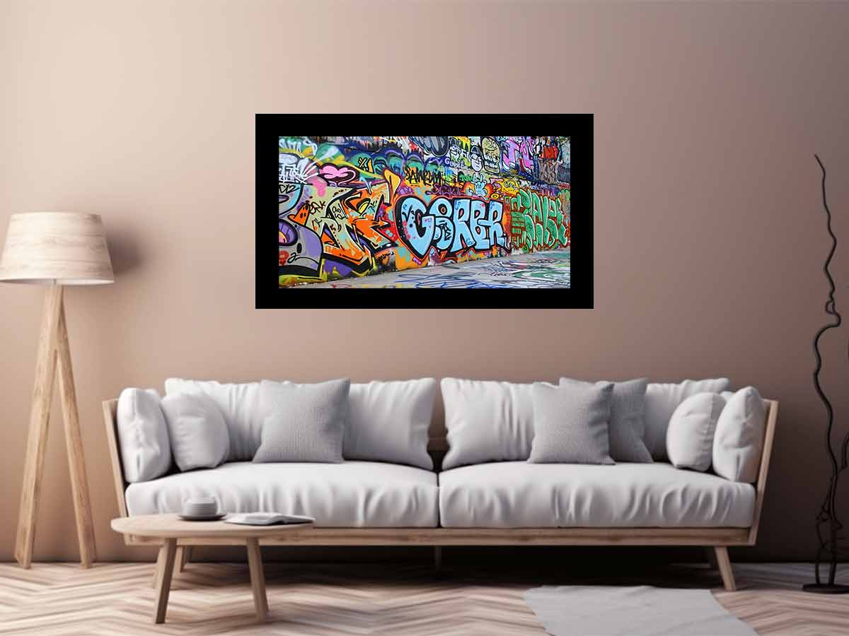 Colorful graffiti wall canvas art with urban street mural style for loft or office decor.