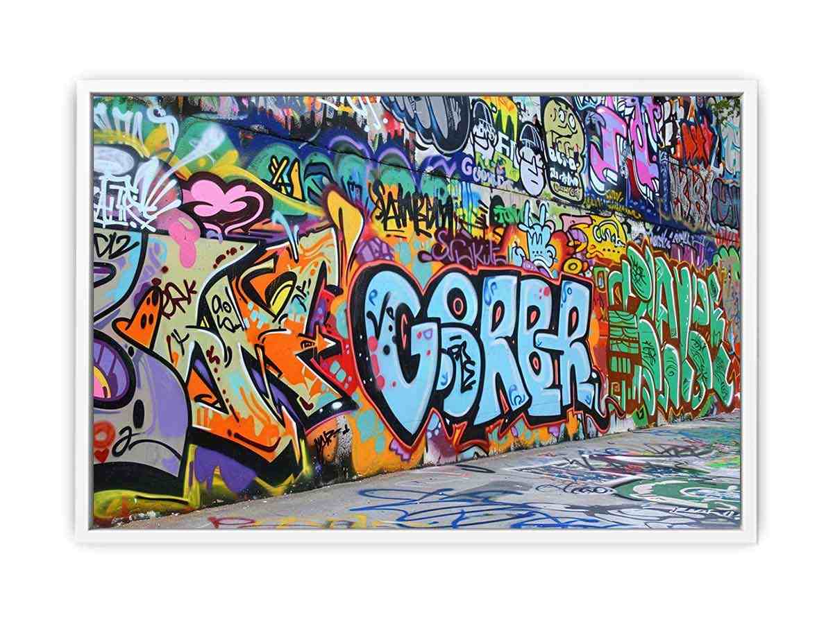 Colorful graffiti wall canvas art with urban street mural style for loft or office decor.