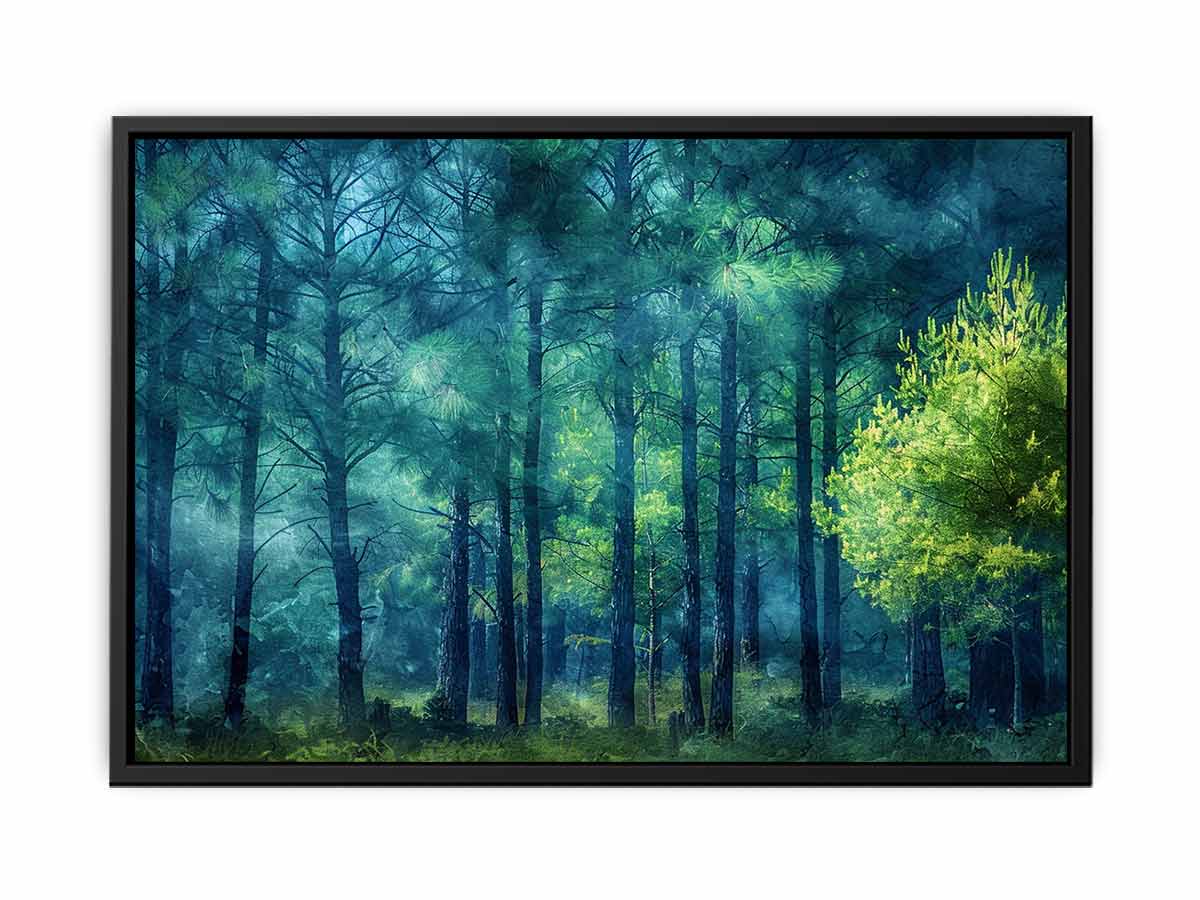 Moody emerald forest canvas art with misty trees for calm bedroom or office decor.