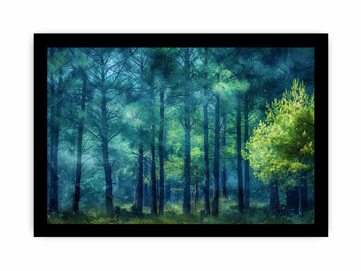 Moody emerald forest canvas art with misty trees for calm bedroom or office decor.