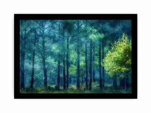 Moody emerald forest canvas art with misty trees for calm bedroom or office decor.
