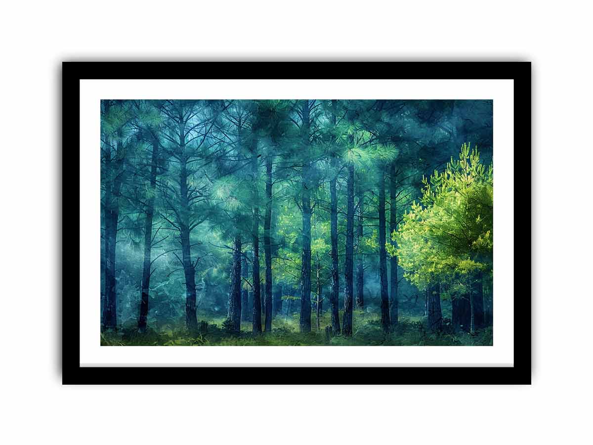 Moody emerald forest canvas art with misty trees for calm bedroom or office decor.