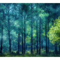 Moody emerald forest canvas art with misty trees for calm bedroom or office decor.