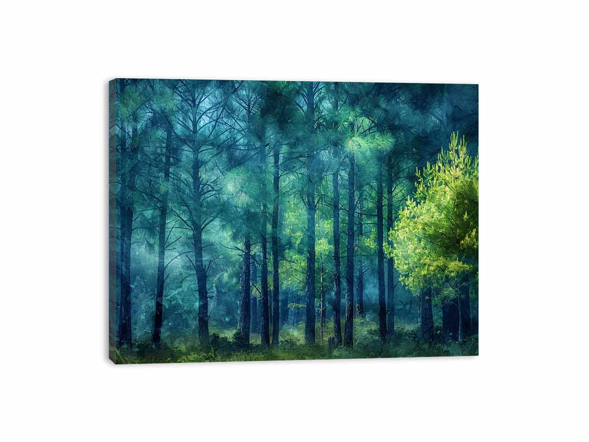 Moody emerald forest canvas art with misty trees for calm bedroom or office decor.