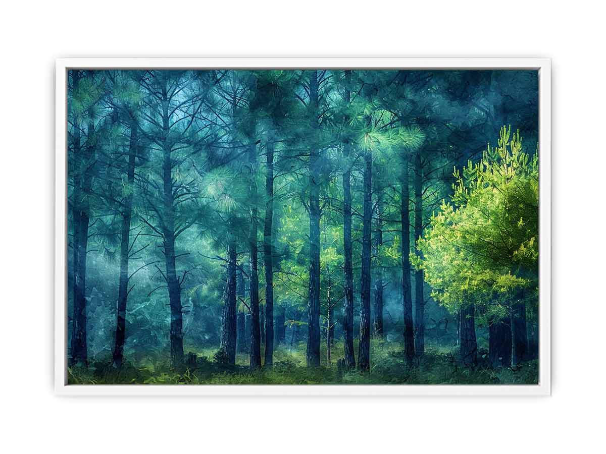 Moody emerald forest canvas art with misty trees for calm bedroom or office decor.
