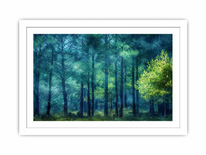 Moody emerald forest canvas art with misty trees for calm bedroom or office decor.