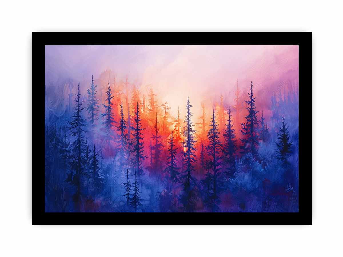 Dreamy sunset pine forest canvas art with pink and blue mist for peaceful bedroom decor.