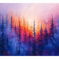 Dreamy sunset pine forest canvas art with pink and blue mist for peaceful bedroom decor.