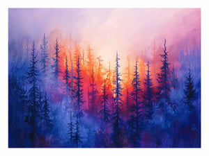 Dreamy sunset pine forest canvas art with pink and blue mist for peaceful bedroom decor.