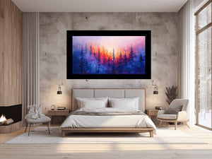 Dreamy sunset pine forest canvas art with pink and blue mist for peaceful bedroom decor.