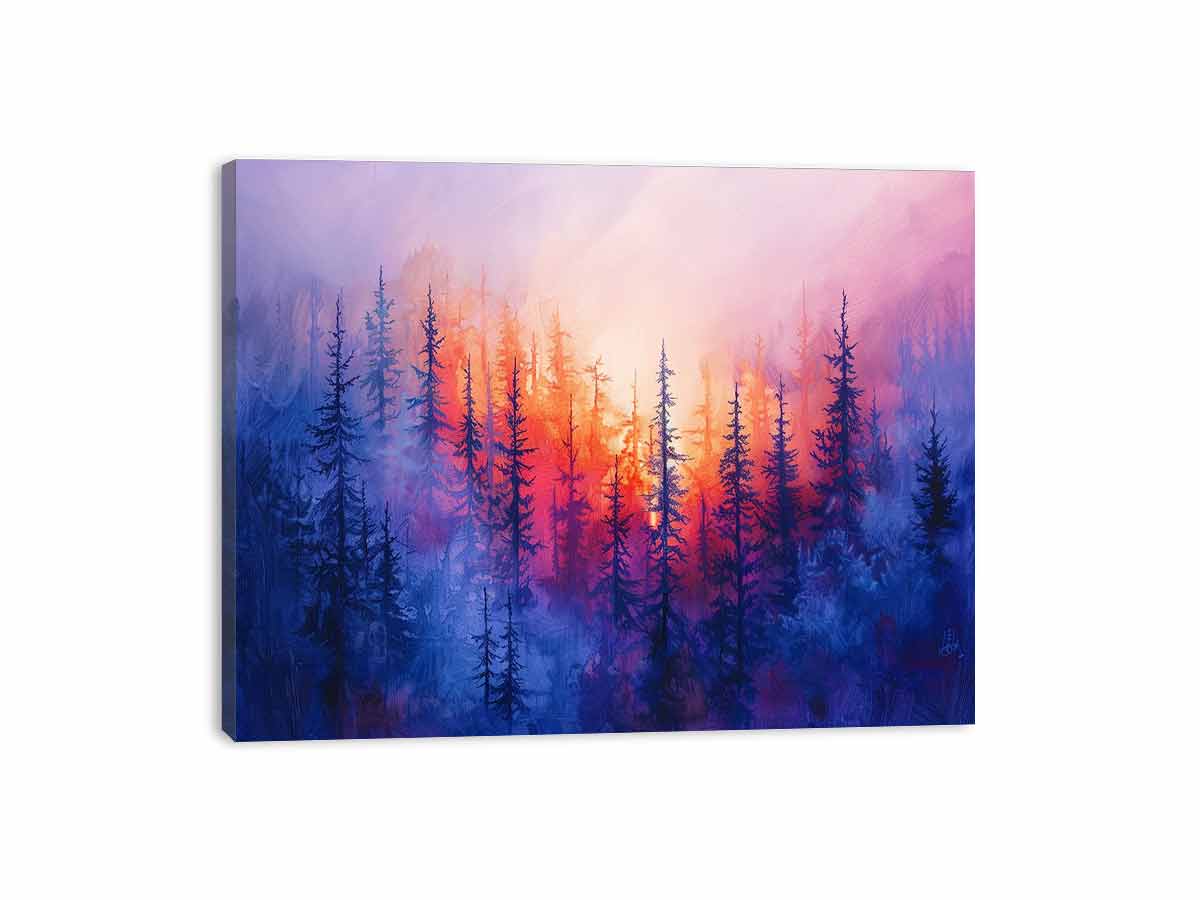 Dreamy sunset pine forest canvas art with pink and blue mist for peaceful bedroom decor.