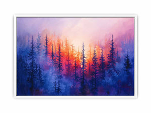 Dreamy sunset pine forest canvas art with pink and blue mist for peaceful bedroom decor.