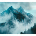 Misty blue mountain canvas art with fog and evergreen trees for modern living room decor.