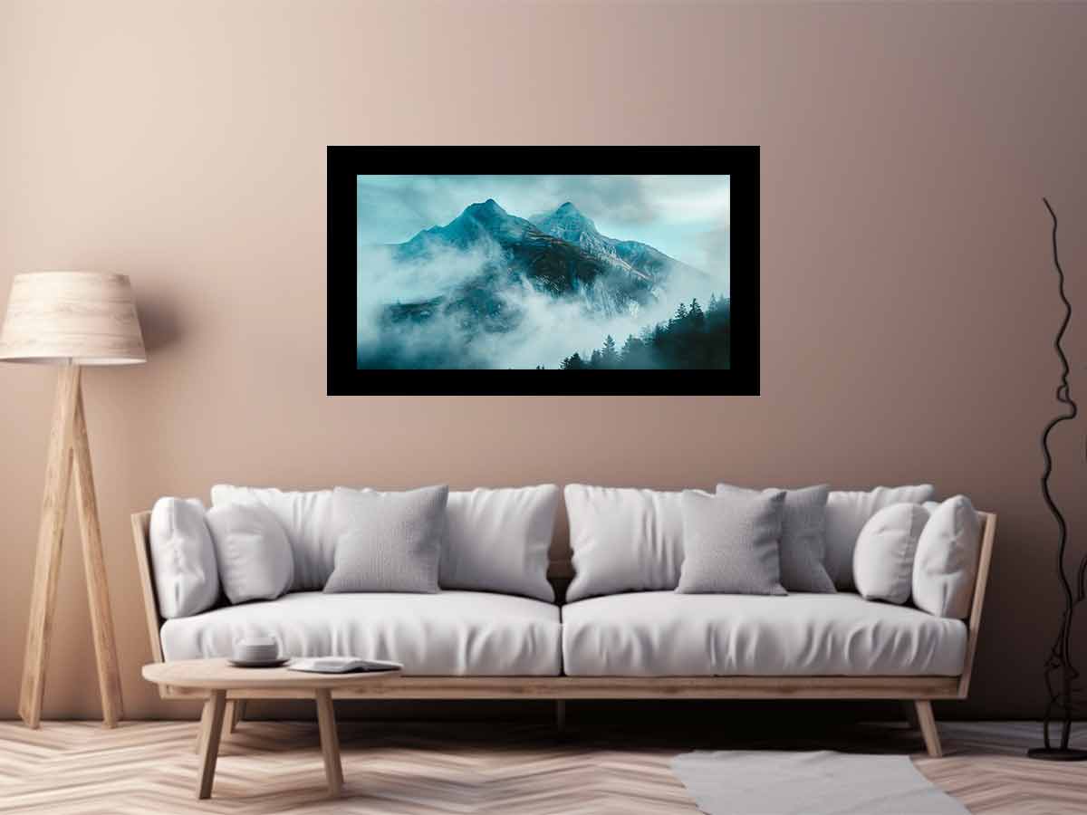 Misty blue mountain canvas art with fog and evergreen trees for modern living room decor.