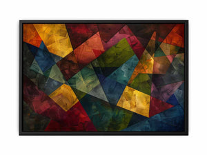 Bold geometric abstract canvas art with jewel tones for modern living room decor.