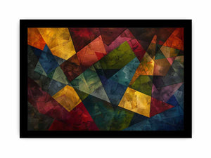 Bold geometric abstract canvas art with jewel tones for modern living room decor.