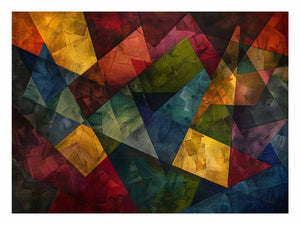 Bold geometric abstract canvas art with jewel tones for modern living room decor.