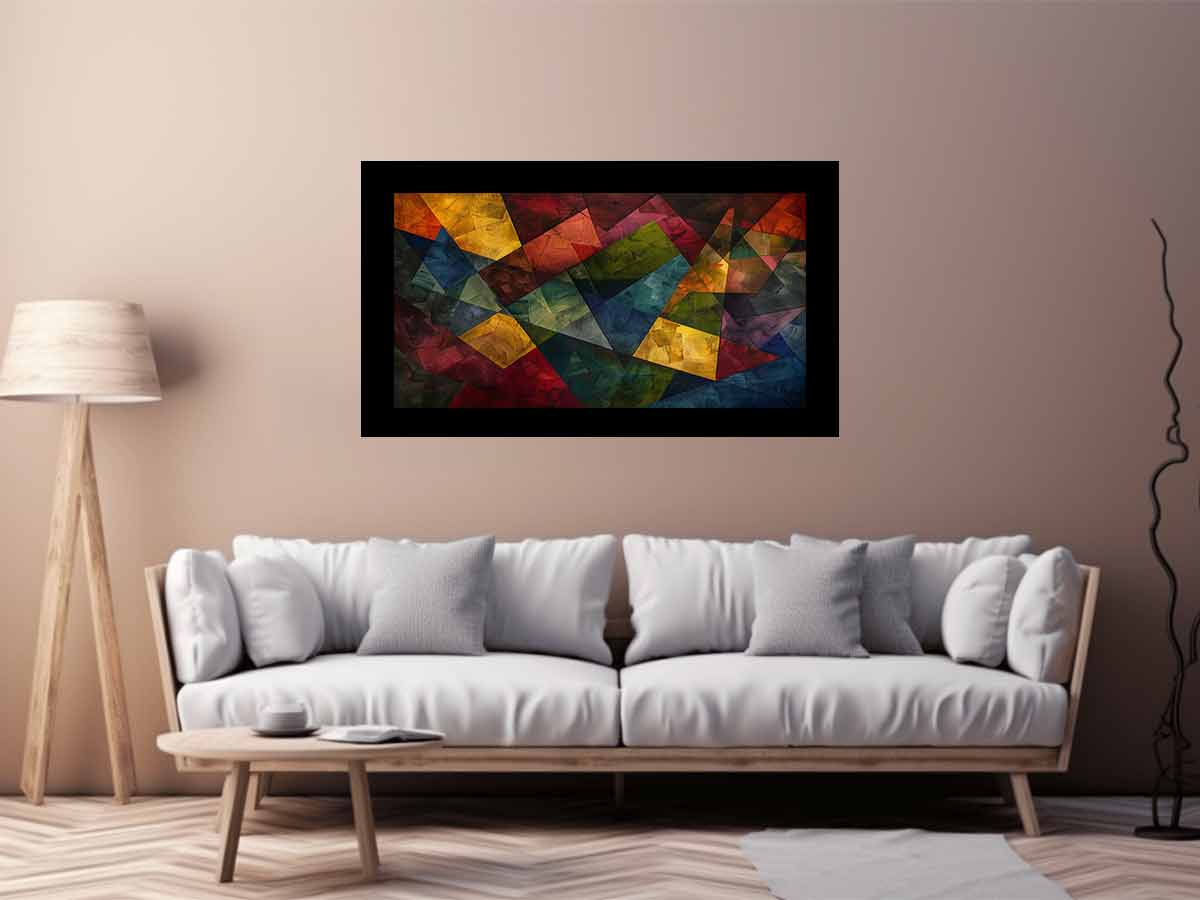 Bold geometric abstract canvas art with jewel tones for modern living room decor.
