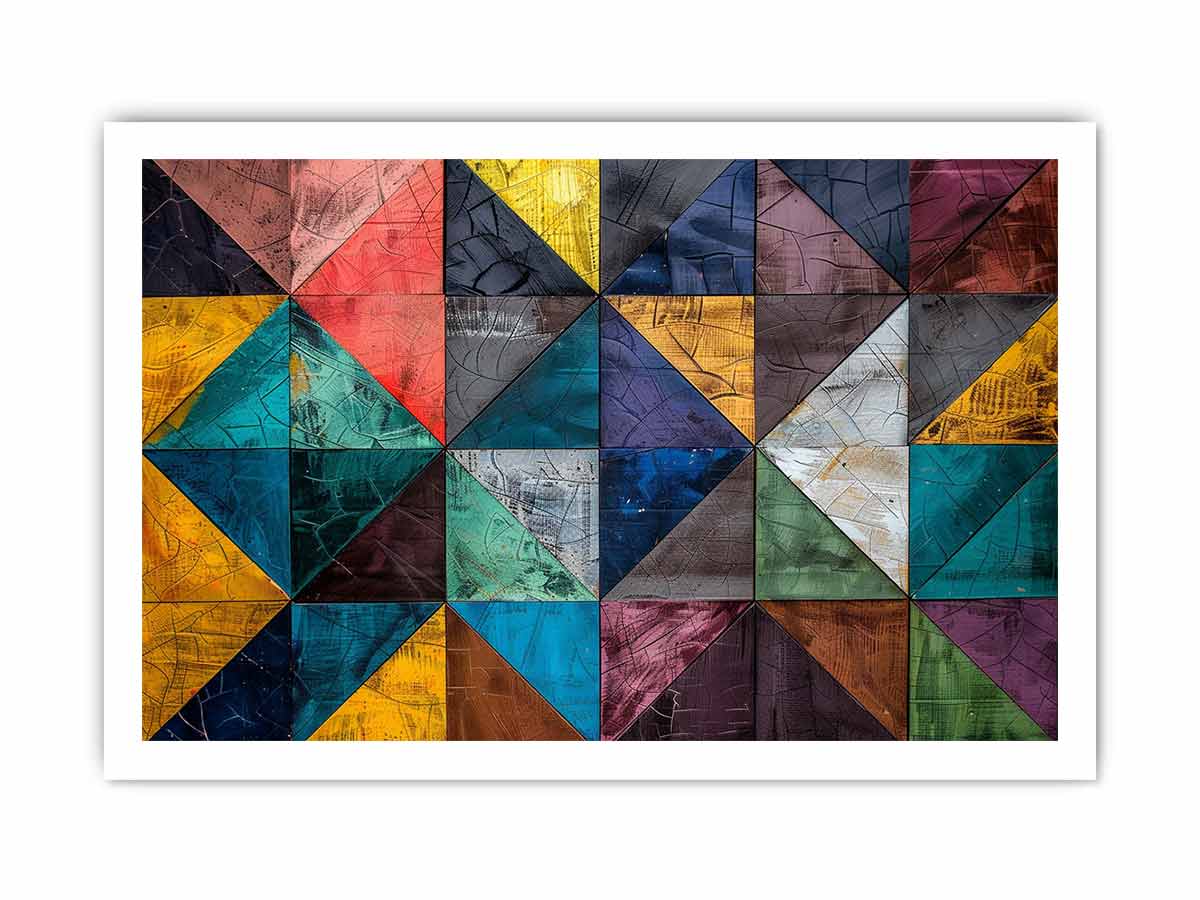 Colorful geometric mosaic canvas print for modern office or living room decor.