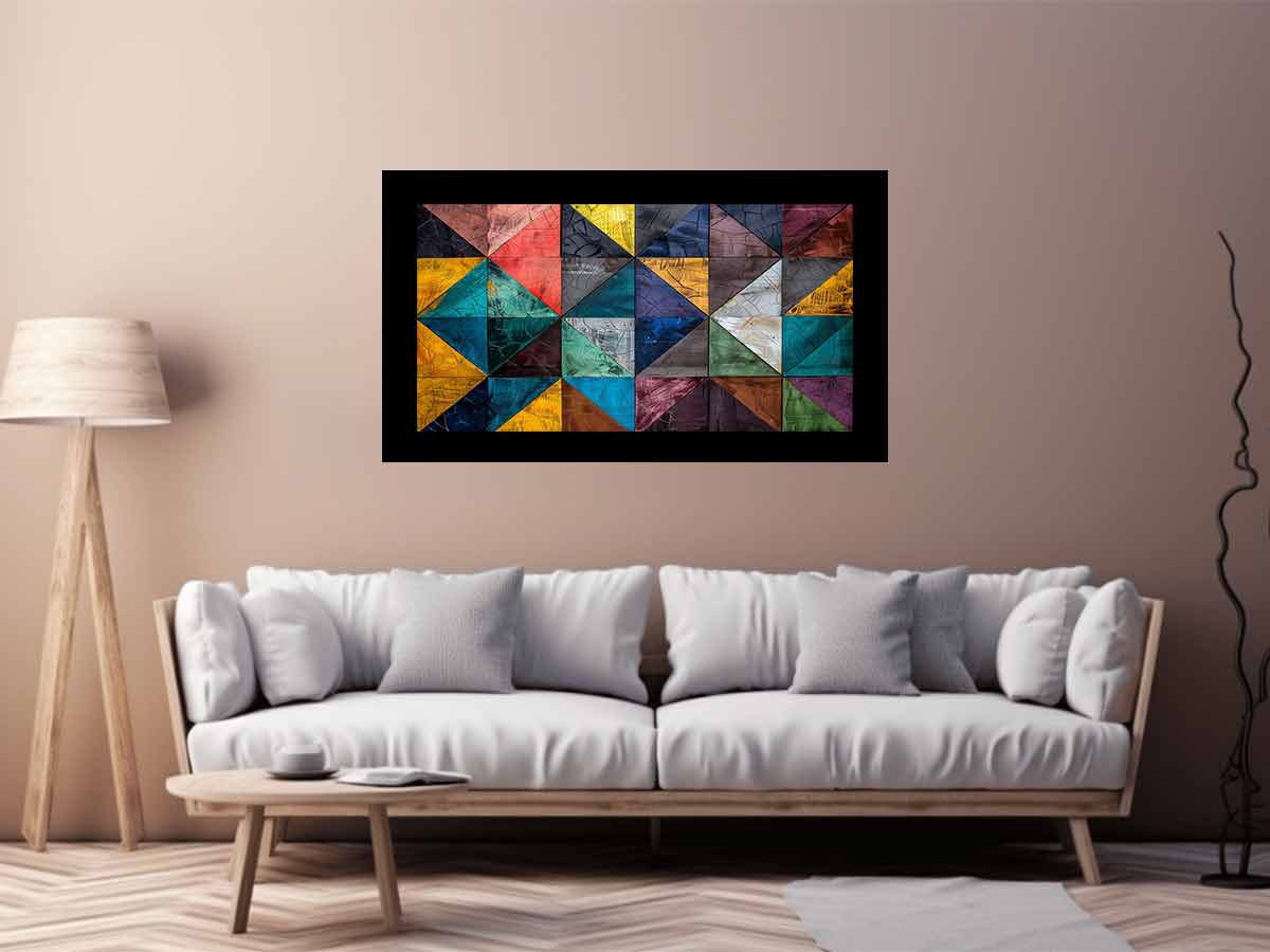 Colorful geometric mosaic canvas print for modern office or living room decor.