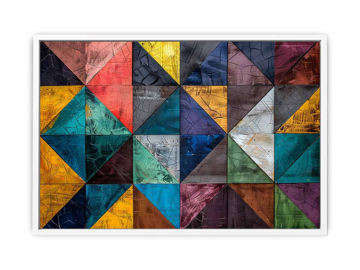 Colorful geometric mosaic canvas print for modern office or living room decor.