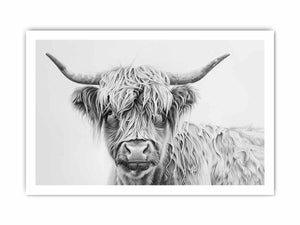 Black and white Highland cow drawing canvas art for farmhouse living room decor.