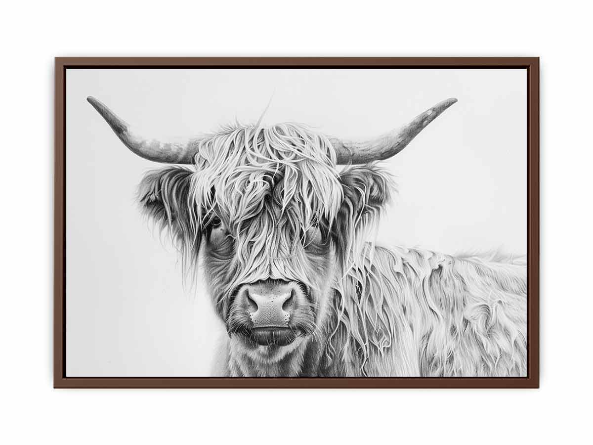 Black and white Highland cow drawing canvas art for farmhouse living room decor.