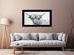 Black and white Highland cow drawing canvas art for farmhouse living room decor.