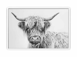 Black and white Highland cow drawing canvas art for farmhouse living room decor.