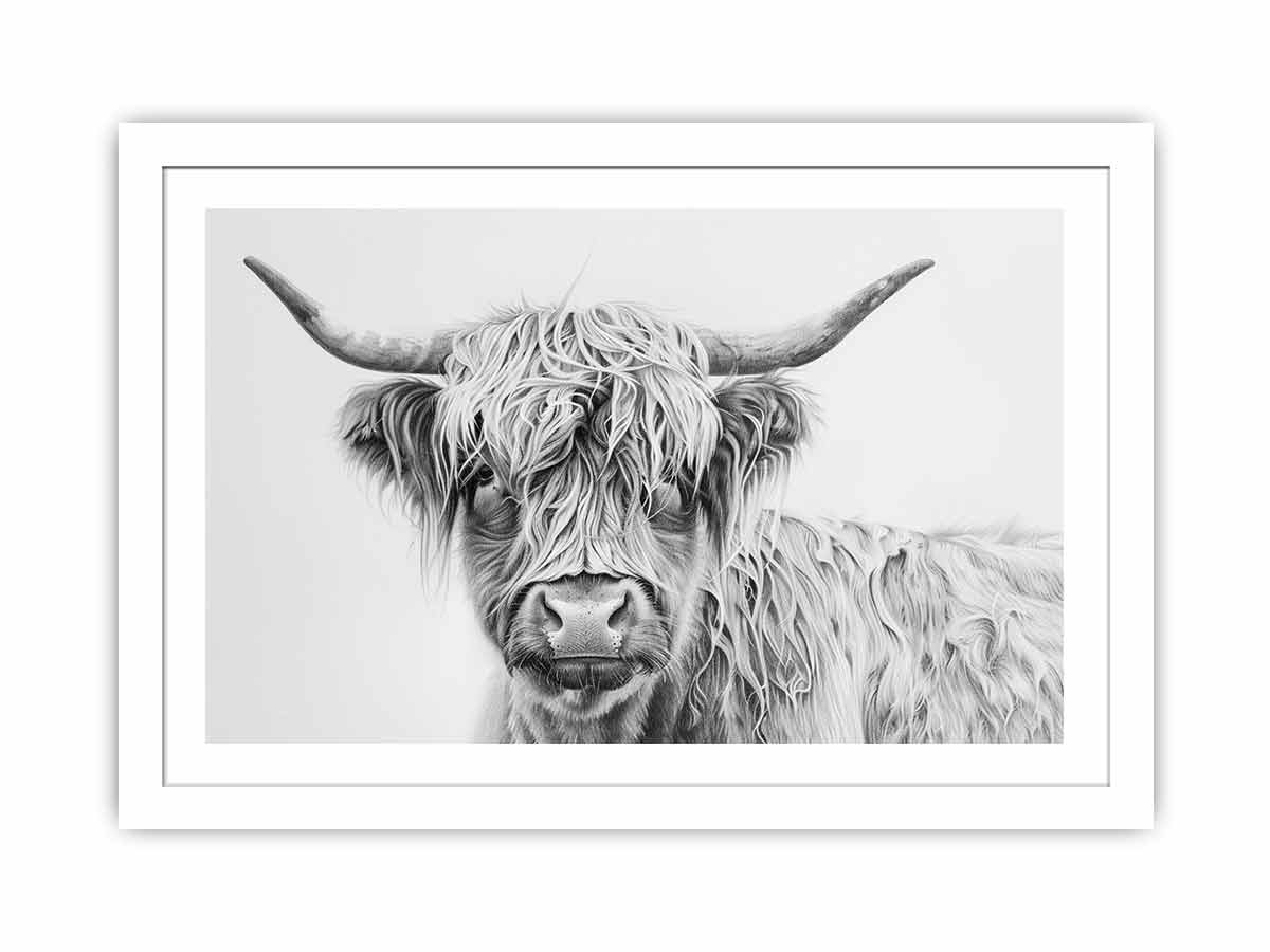 Black and white Highland cow drawing canvas art for farmhouse living room decor.