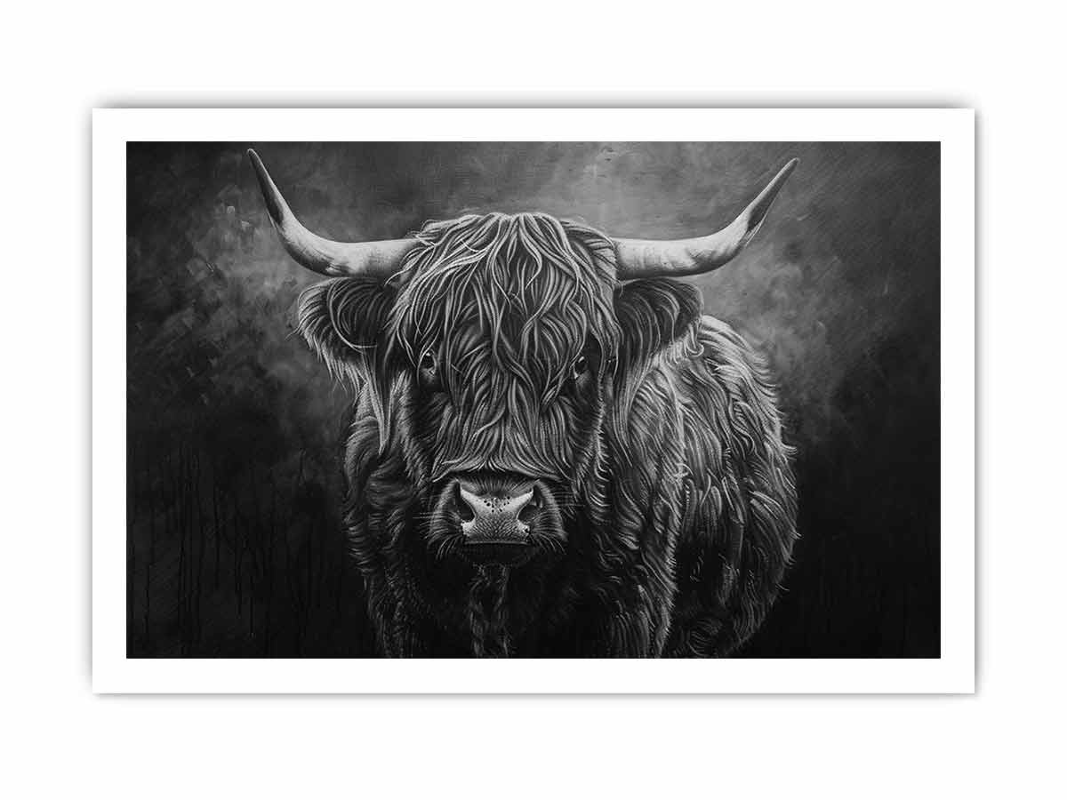 Moody black and white Highland cow canvas wall art for rustic modern office decor.