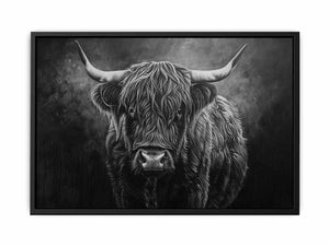 Moody black and white Highland cow canvas wall art for rustic modern office decor.