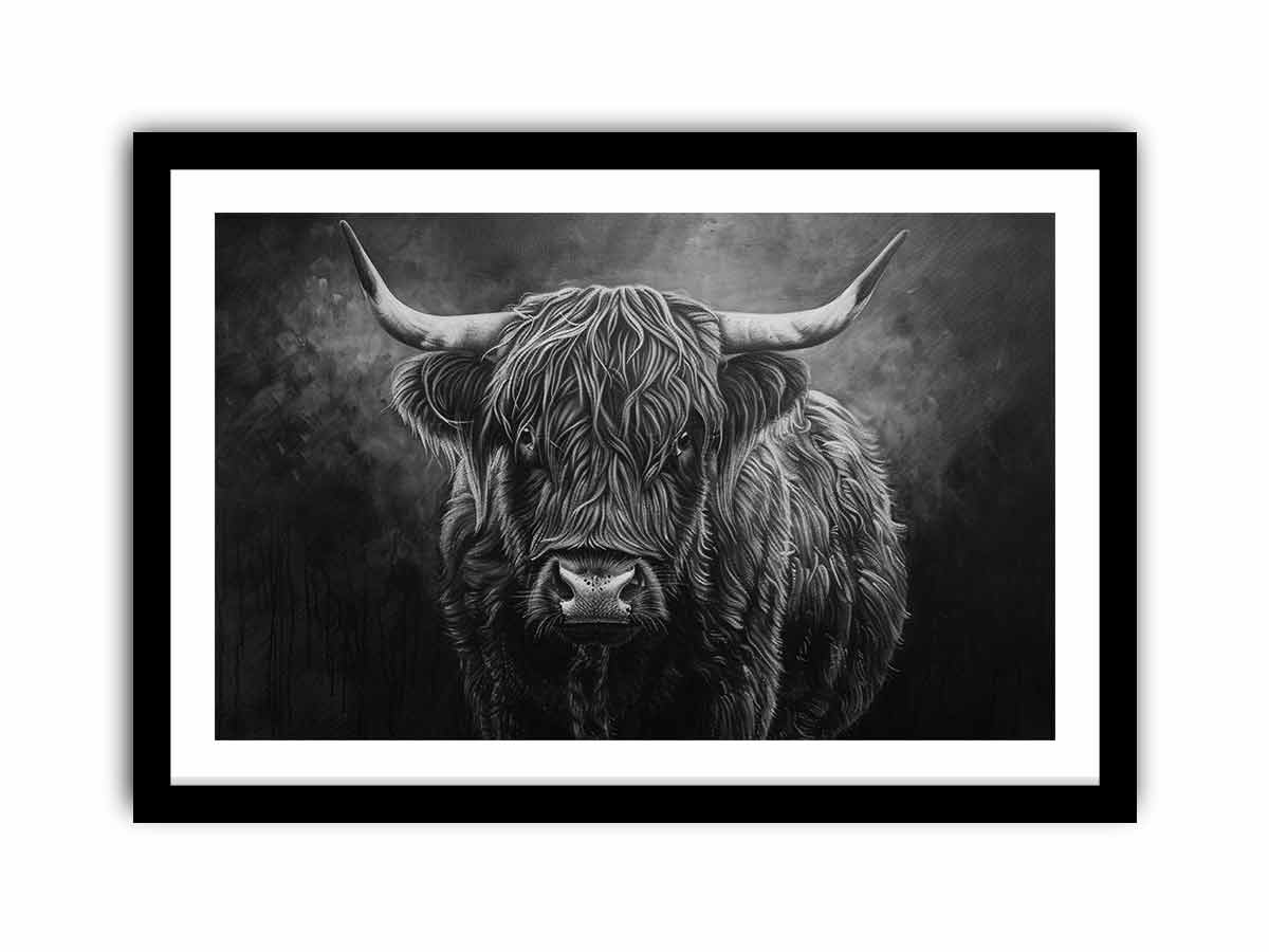Moody black and white Highland cow canvas wall art for rustic modern office decor.
