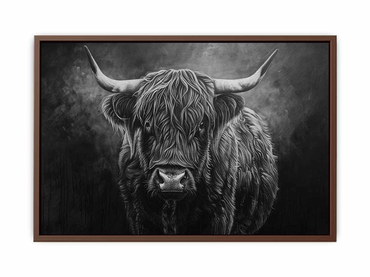 Moody black and white Highland cow canvas wall art for rustic modern office decor.