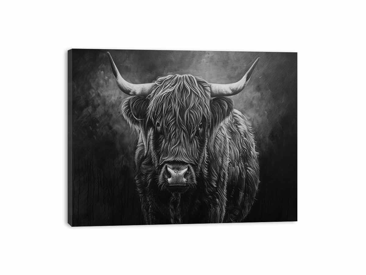 Moody black and white Highland cow canvas wall art for rustic modern office decor.