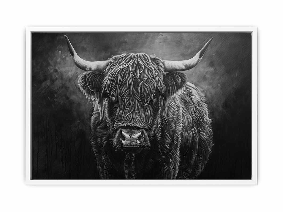 Moody black and white Highland cow canvas wall art for rustic modern office decor.