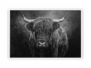 Moody black and white Highland cow canvas wall art for rustic modern office decor.