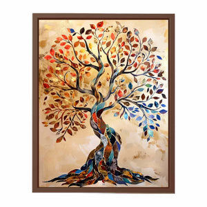 Colorful mosaic tree canvas art with autumn leaves for elegant living room decor.