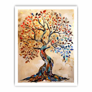 Colorful mosaic tree canvas art with autumn leaves for elegant living room decor.