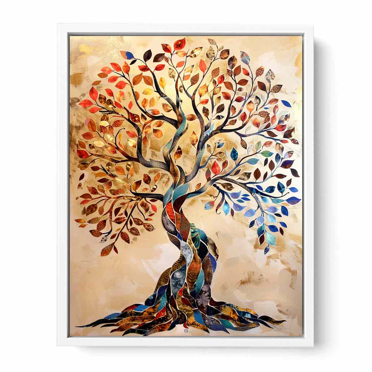 Colorful mosaic tree canvas art with autumn leaves for elegant living room decor.