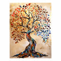 Colorful mosaic tree canvas art with autumn leaves for elegant living room decor.