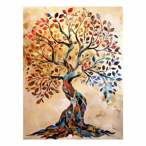 Colorful mosaic tree canvas art with autumn leaves for elegant living room decor.
