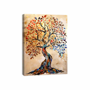 Colorful mosaic tree canvas art with autumn leaves for elegant living room decor.