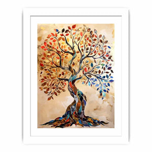 Colorful mosaic tree canvas art with autumn leaves for elegant living room decor.