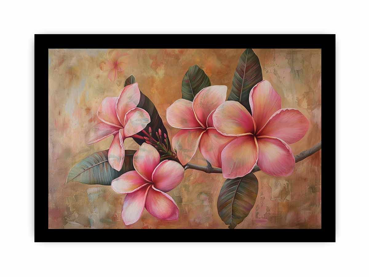 Pink plumeria floral canvas print for soft tropical bedroom wall decor.