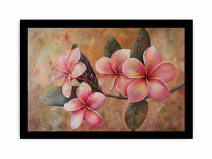 Pink plumeria floral canvas print for soft tropical bedroom wall decor.