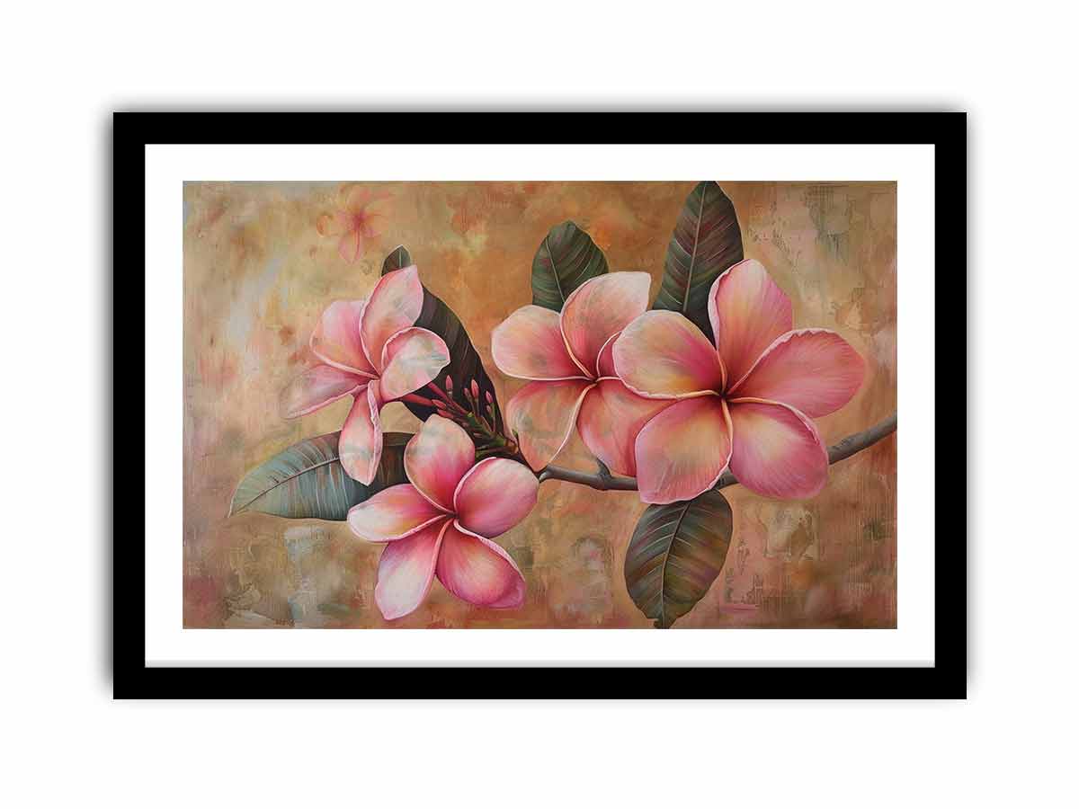 Pink plumeria floral canvas print for soft tropical bedroom wall decor.
