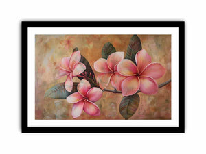 Pink plumeria floral canvas print for soft tropical bedroom wall decor.